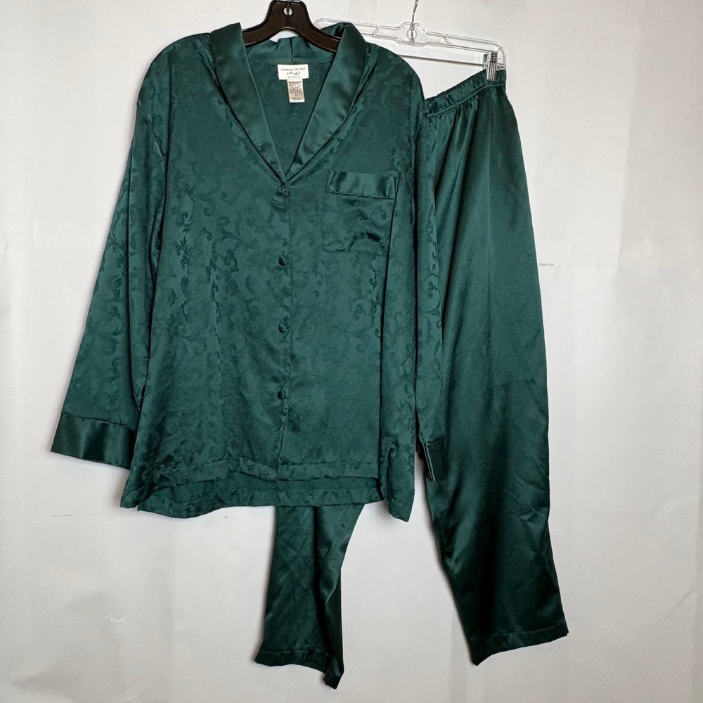 VTG Amanda Stewart Womens 1X Pajama Set Green Jacquard Floral Button Top Pants